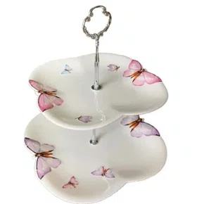 Prato Porcelana Duplo para Doces Borboletas 20 X 24 X 25
