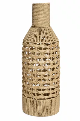 Vaso em Fibra Cestaria Tipo Garrafa Detalhe Madeira Grande Bege 26x26x70cm - Entrecasa