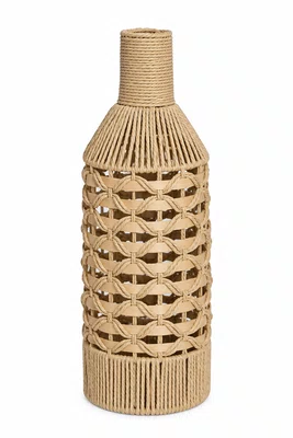 Vaso em Fibra Cestaria Tipo Garrafa Detalhe Madeira Médio Bege 20x20x60cm - Entrecasa