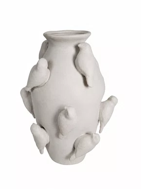 Vaso Pássaros em Cerâmica Branco Fosco 35x15x30cm - Grillo