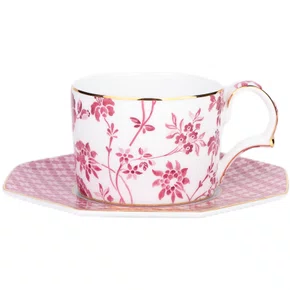 Xícara de Chá e Pires Pink Regency Damasky 190ml - Tea Delight