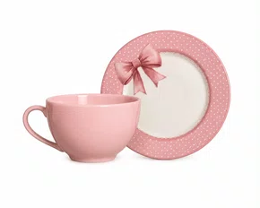 Xicara de Cha Rosa Suave com Pires Lacos de Pascoa Rosa