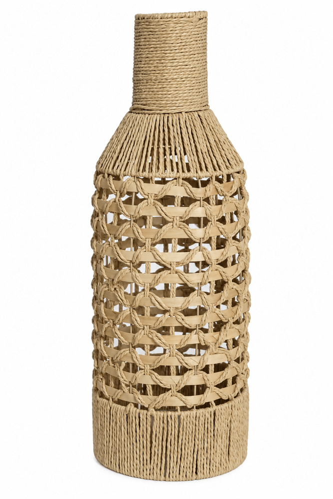 Vaso em Fibra Cestaria Tipo Garrafa Detalhe Madeira Grande Bege 26x26x70cm - Entrecasa