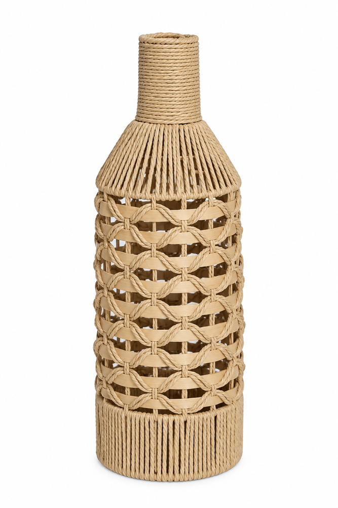 Vaso em Fibra Cestaria Tipo Garrafa Detalhe Madeira Médio Bege 20x20x60cm - Entrecasa